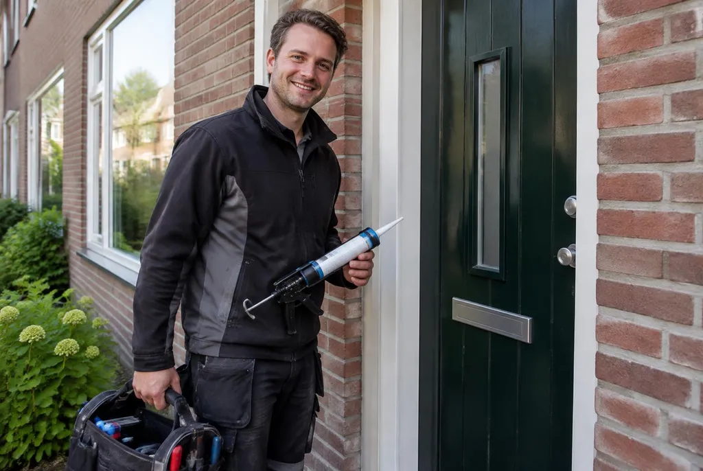 Vakman van Kitbedrijf Tienhoven bij de voordeur van een woning